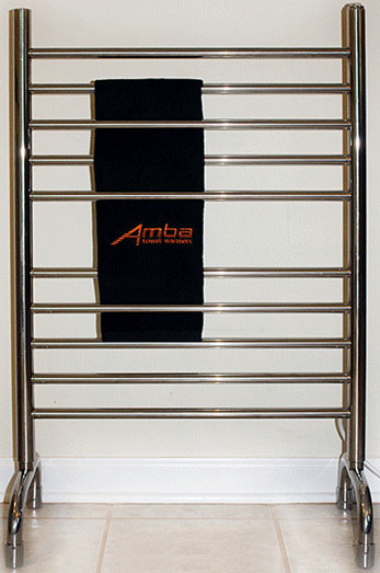 Image of free standing towel warmer with 10 rails, shown in polished stainless