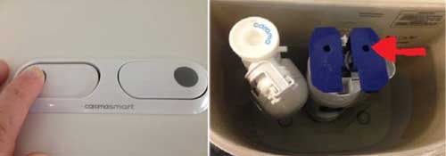 image of push buttons on tank lid and adjustment screw location under blue tabs of flush valve