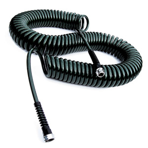 Coiled black garden hose