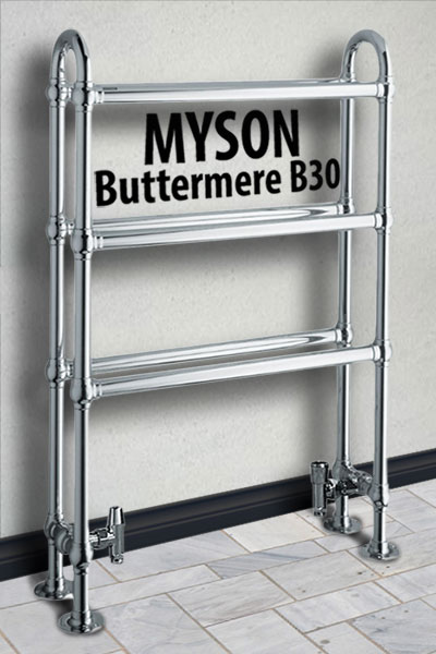 Example of Myson floor mounted Buttermere hydronic towel warmer