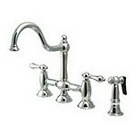 Designer bridge-style faucet with side spray