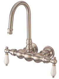 image of DT0018PL 3-3/8 inch center hi-rise spout leg tub filler with hand shower - porcelain lever handles