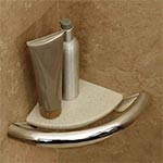 Invisia corner shelf with grab bar, shown in polished chrome