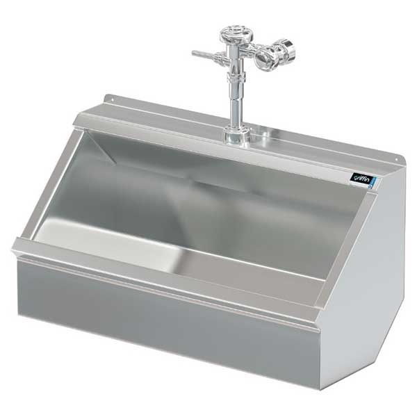 example of stainless steel trough urinal with manual flush valve