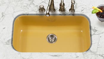 Houzer Porcela series PCG-3600 large single bowl undermount kitchen sink in Lemon Yellow porcelain enamel