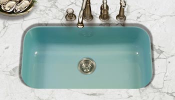 Houzer Porcela series PCG-3600 large single bowl undermount kitchen sink in Mint Green porcelain enamel