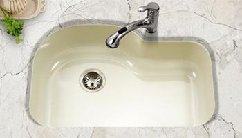Houzer Porcela series PCG-3600 offset single bowl undermount kitchen sink in Biscuit porcelain enamel