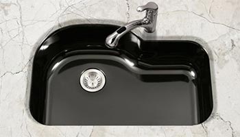 Houzer Porcela series PCG-3600 offset single bowl undermount kitchen sink in Black porcelain enamel