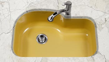 Houzer Porcela series PCG-3600 offset single bowl undermount kitchen sink in Lemon Yellow porcelain enamel