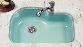 Houzer Porcela series PCG-3600 offset single bowl undermount kitchen sink in Mint Green porcelain enamel