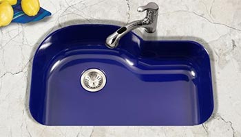 Houzer Porcela series PCG-3600 offset single bowl undermount kitchen sink in Navy Blue porcelain enamel