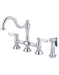 Designer bridge-style faucet with side spray