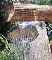 Outdoor shower head mounted in tree