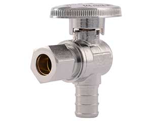 PEX barbed quarter turn angle stop with 3/8-inch OD compression outlet