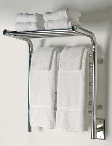 Image of wall mounted towel warmer with shelf, shown in polished stainless