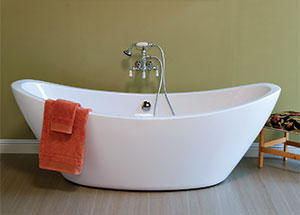 Freestanding bathtub with wall mounted tub filler faucet and handheld shower