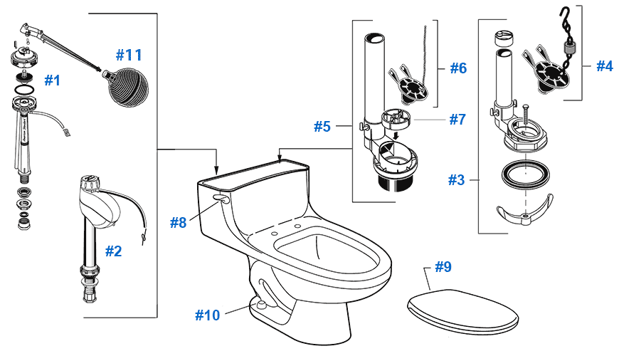 Diagram of toilet parts for American Standard Hamilton series
