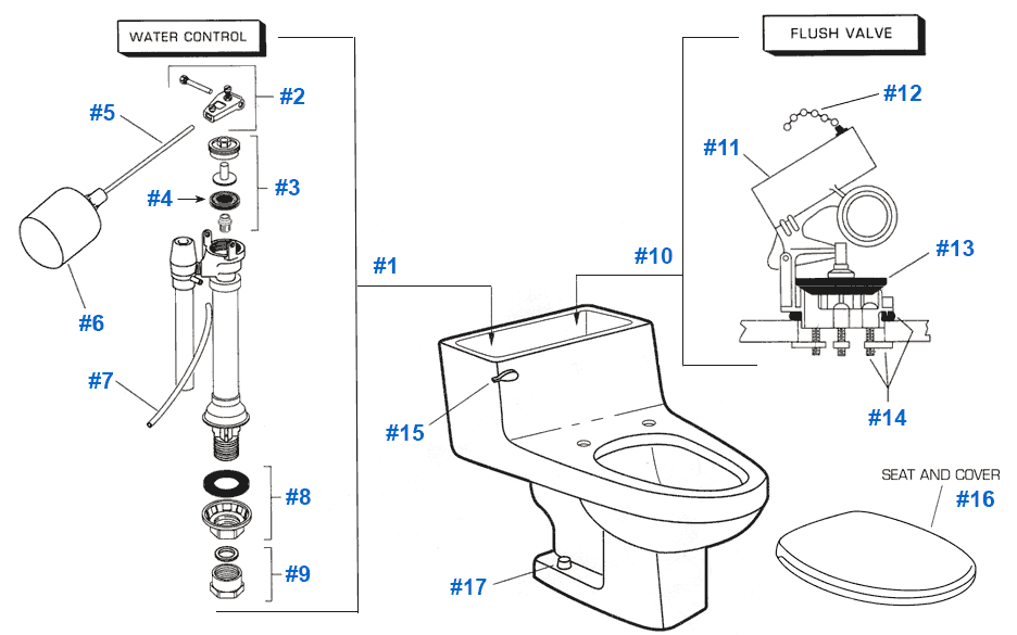Diagram of replacement toilet parts for American Standard - Lexington series