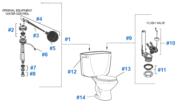 Schematic of parts for the Amerian Standard Baby Devoro toilet with 4010, 4014, or 4072 tank