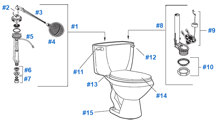 Schematic of parts for the Amerian Standard Cadet 2164, 2174, 2216