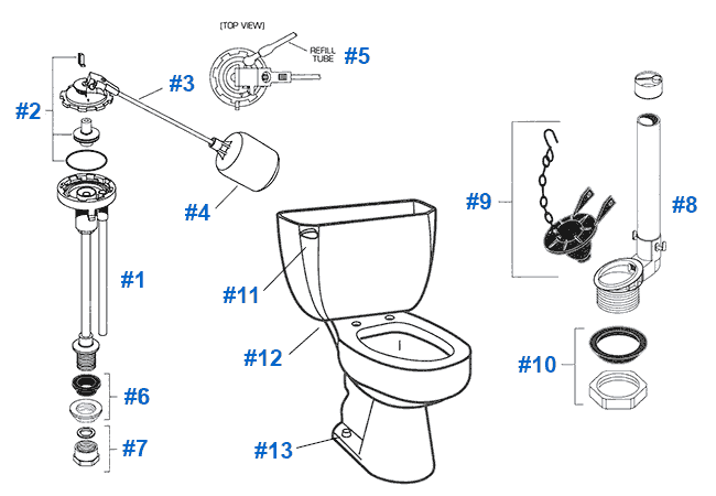 Parts diagram for American Standard 2312 and 2812 Cadet series older 3.5 gpf toilets