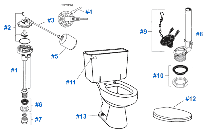 Parts diagram for American Standard Cadet series toilet