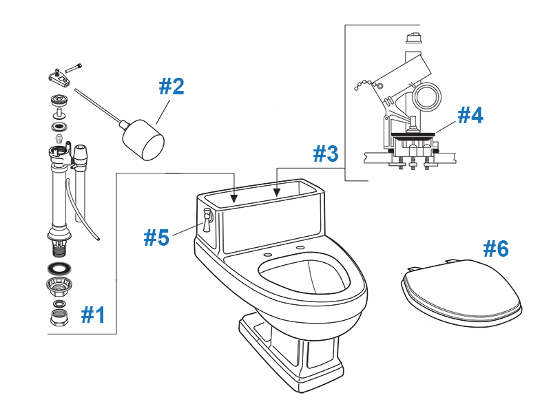 Repair parts diagram for American Standard Heritage series one-piece toilet - model #2031