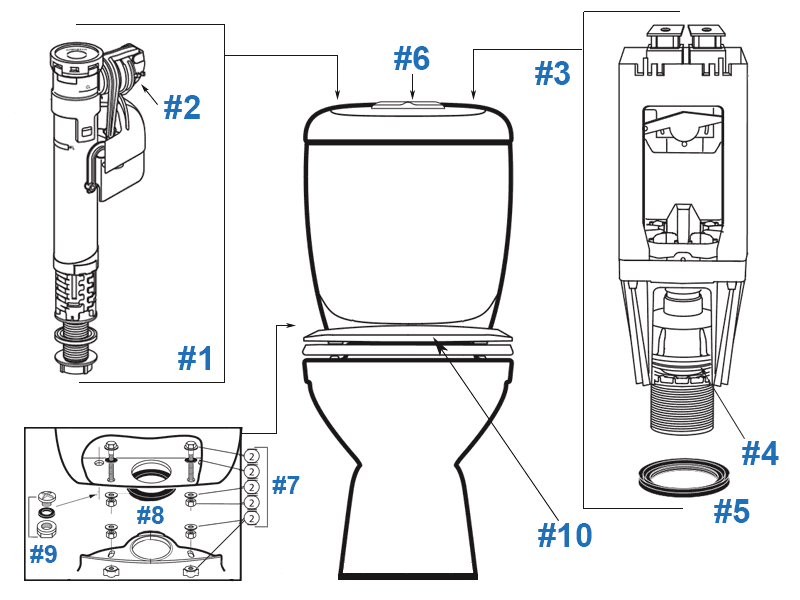 Parts diagram for Caravelle two-piece toilets