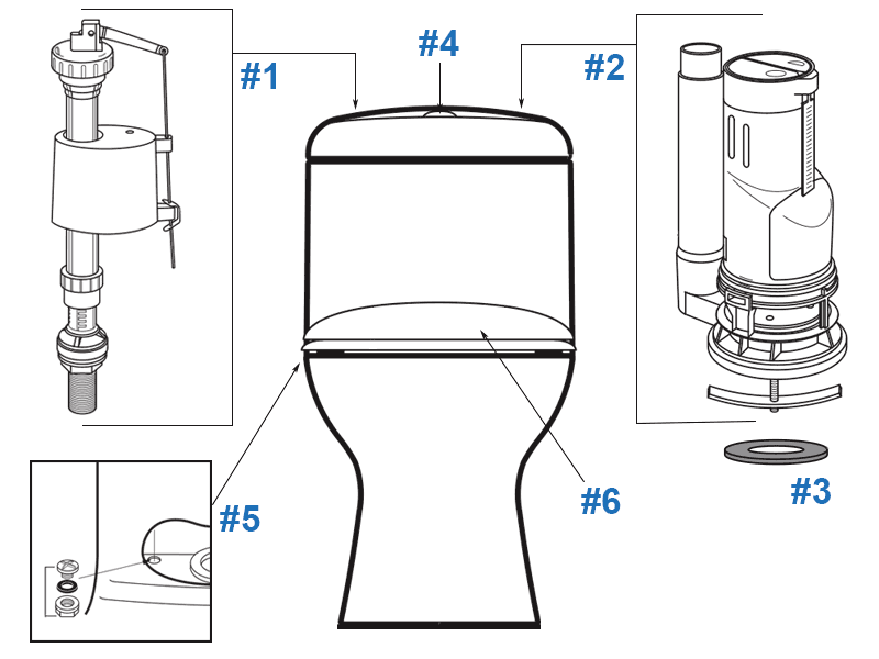 Parts diagram for Caravelle one-piece toilets - newer than 2008
