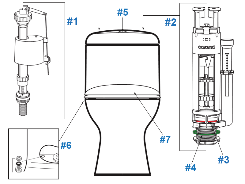 Parts diagram for Caravelle one-piece toilets - 2008 and older models
