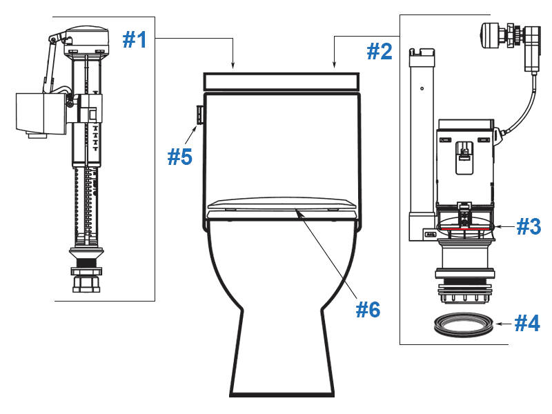 Parts diagram for Caravelle Smart one-piece toilets with lever style trip lever