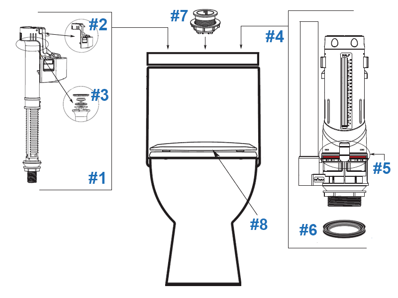 Parts diagram for Caravelle Smart one-piece toilets with top mount push button