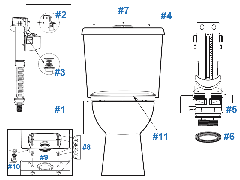 Parts diagram for Sydney Smart II two-piece toilets - tank #302100