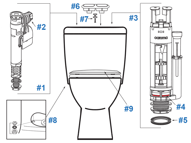 Parts diagram for Sydney Smart one-piece toilets - models #828808 and 828908