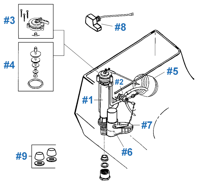 Repair parts for the Canterbury toilet #081-2400, 081-2450