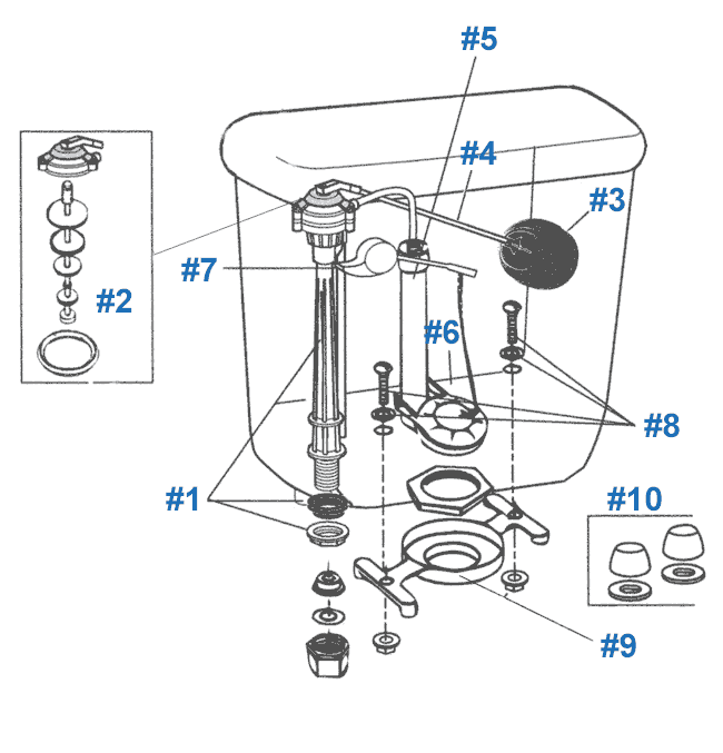 Repair parts for the Canterbury toilet - #091-0240, 091-0245, 091-0275