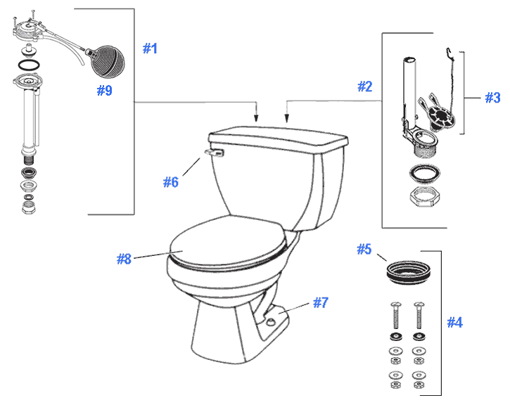 Parts diagram for Gerber Aqua Saver toilets