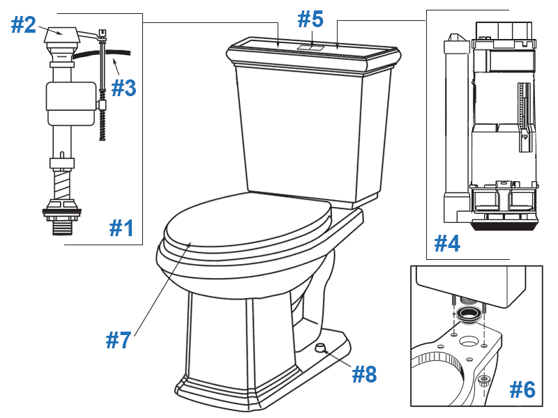 Parts diagram for Gerber Logan Square dual flush toilets - tank number DF-28-530