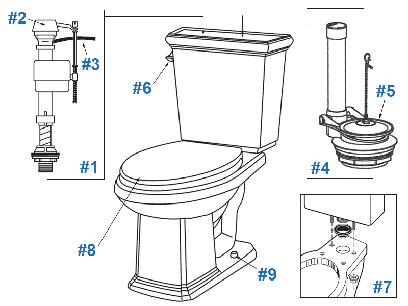 Parts diagram for Gerber Logan Square toilets - tank numbers 28-530 and 28-535