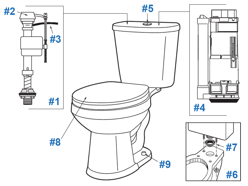 Parts diagram for Maxwell dual flush two-piece toilets - tank DF-28-994