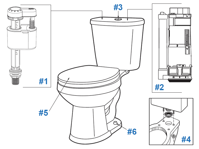 Parts diagram for Maxwell dual flush two-piece toilets - tank numbers DF-28-190, DF-28-192, DF-28-194, and DF-28-195