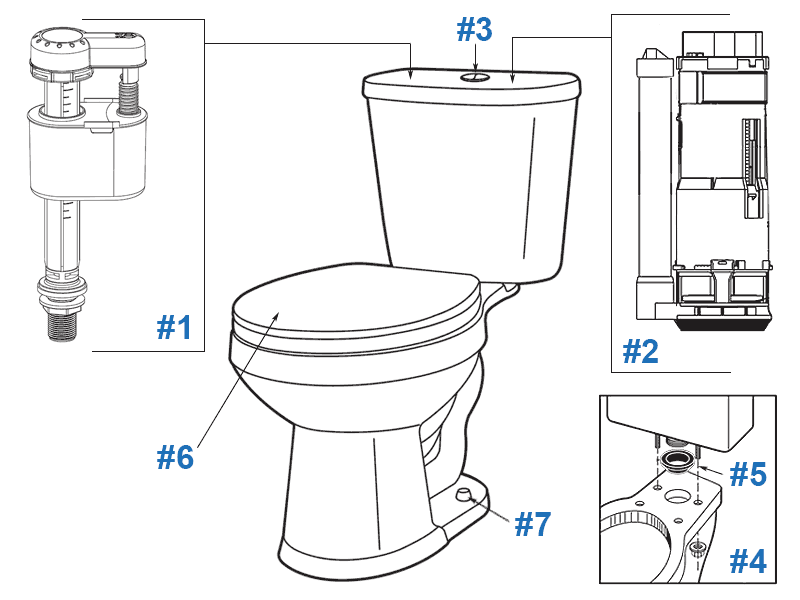 Parts diagram for Maxwell dual flush two-piece toilets - tank numbers DF-28-990 and DF-28-992