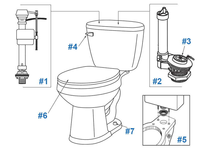 Parts diagram for Maxwell SE two-piece toilets - tank numbers 28-170 and 28-174