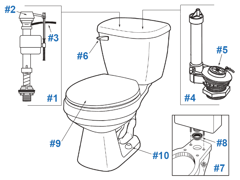 Parts diagram for Maxwell two-piece toilets - tank numbers 28-490 and 28-492