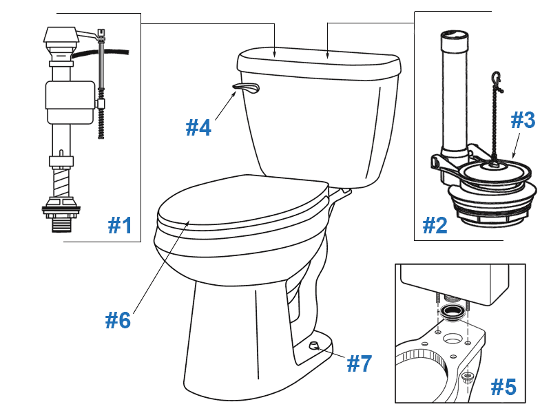 Parts diagram for Maxwell two-piece toilets - tank numbers 28-992 and 28-994