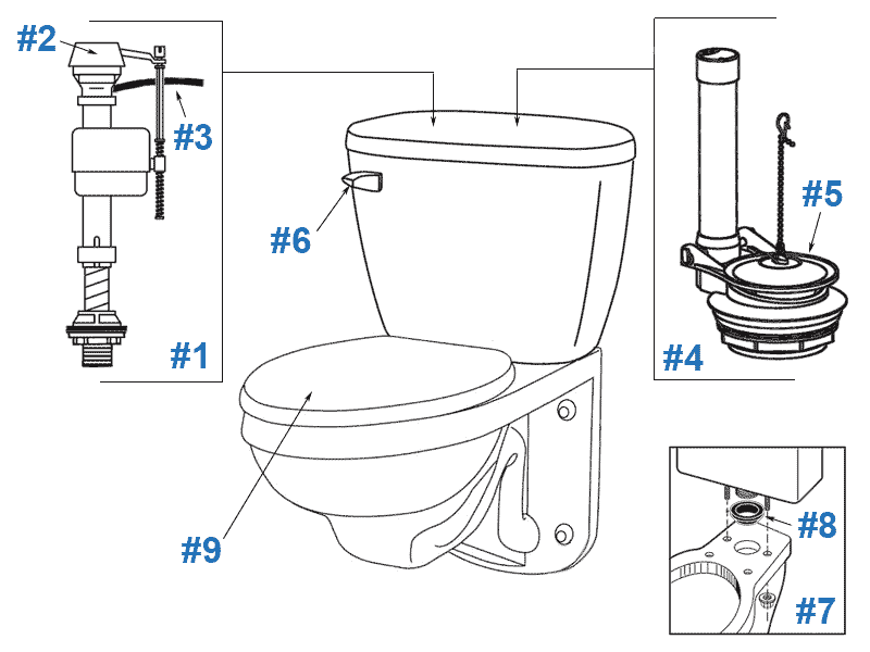 Parts diagram for Maxwell wall-mounted toilets - tank number 28-970