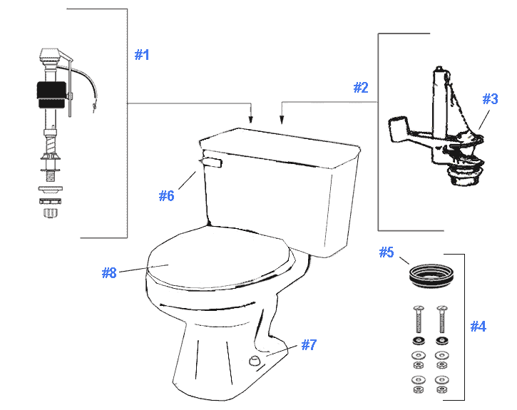 Parts diagram for Gerber Mirage toilets - tanks #28-190 and 28-192