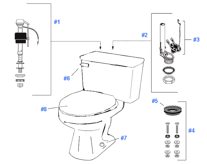 Parts diagram for Gerber Mirage toilets - tanks #28-193, 28-196, 28-197 and 28-198