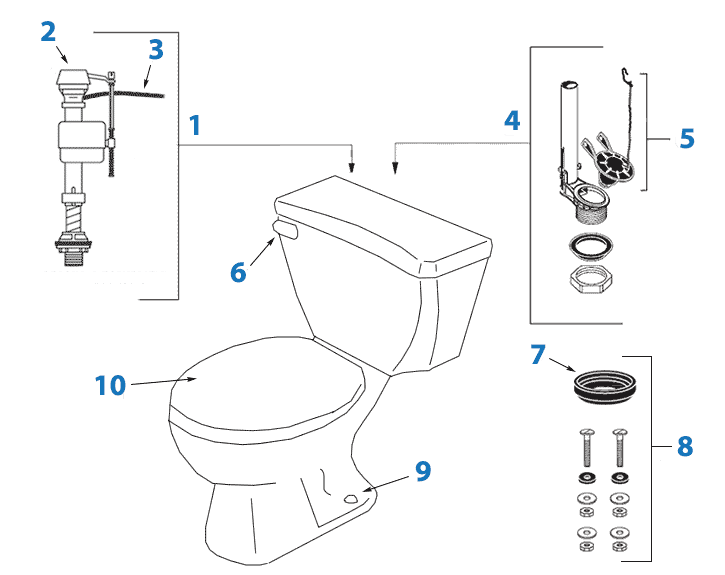 Parts diagram for Gerber Mt. Vernon toilets - tank numbers 28-290, 28-292, and 28-295