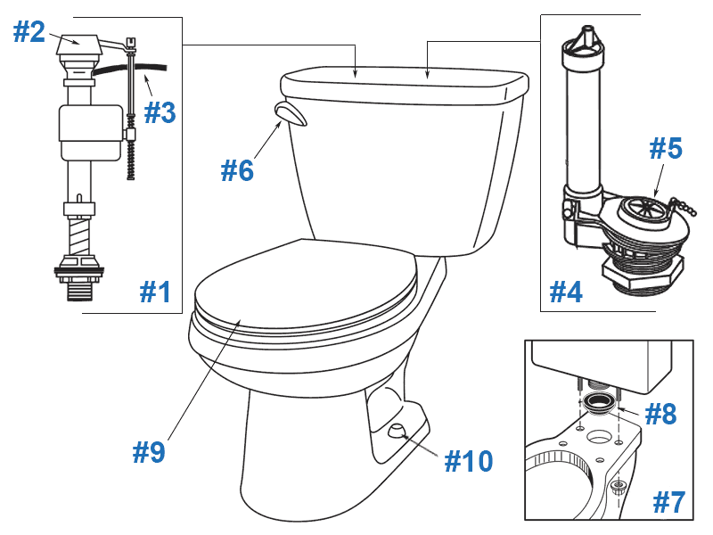 Parts diagram for Gerber Viper toilets - tank numbers 28-590, 28-592, 28-594, and 28-595